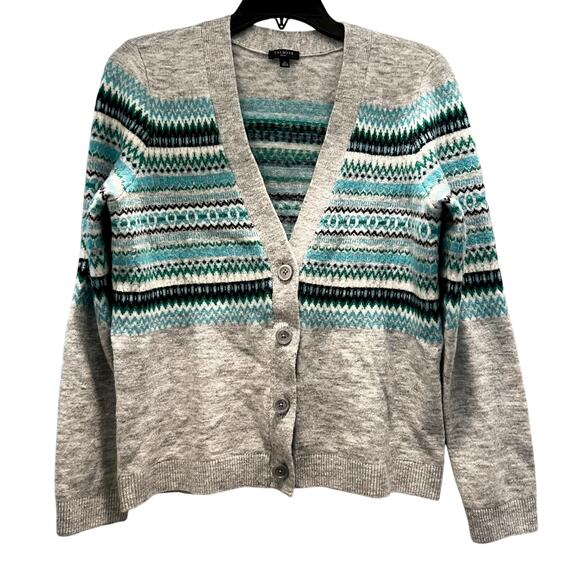TALBOTS gray green blue FairIsle xox button c neck cardigan sweater NWOT Sz S - Picture 1 of 5